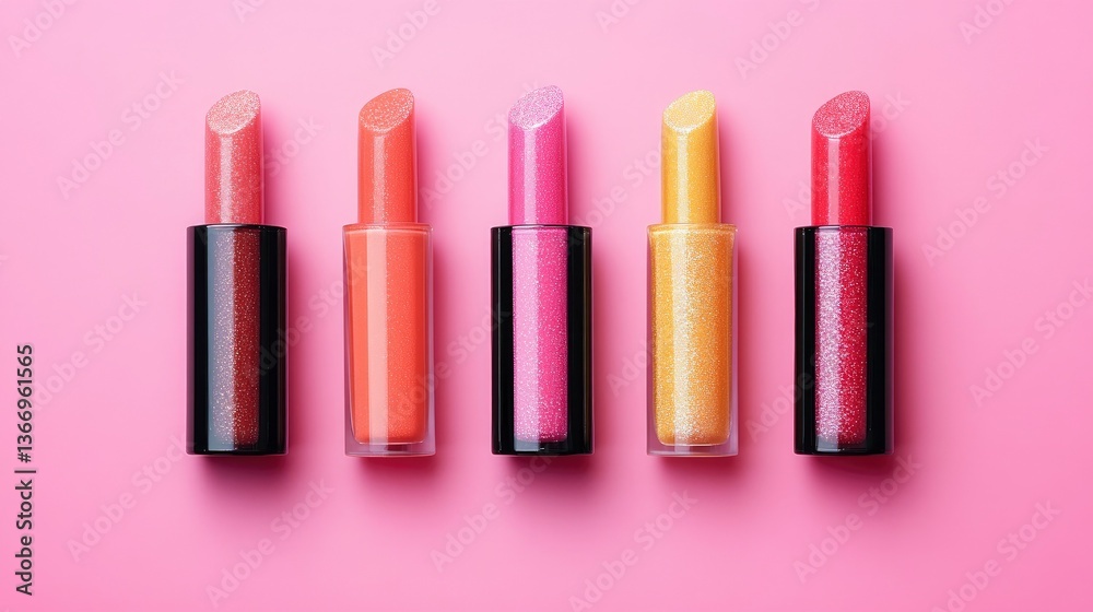 Five Sparkling Lipsticks in Various Shades on Pink Background Five Sparkling Lipsticks in Various Shades on Pink Background