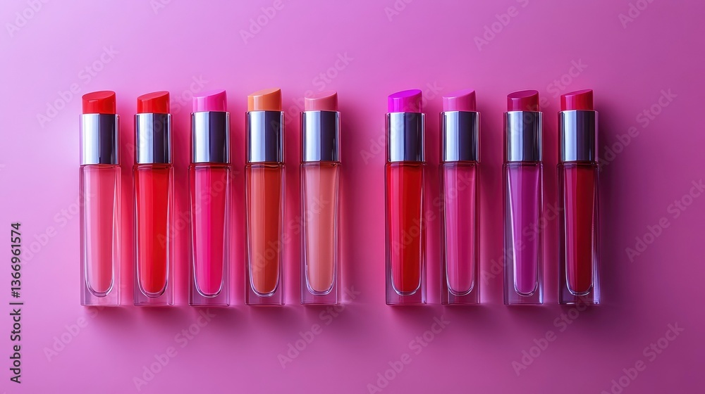 Ten Colorful Lip Balms in a Row on Pink Background Ten Colorful Lip Balms in a Row on Pink Background