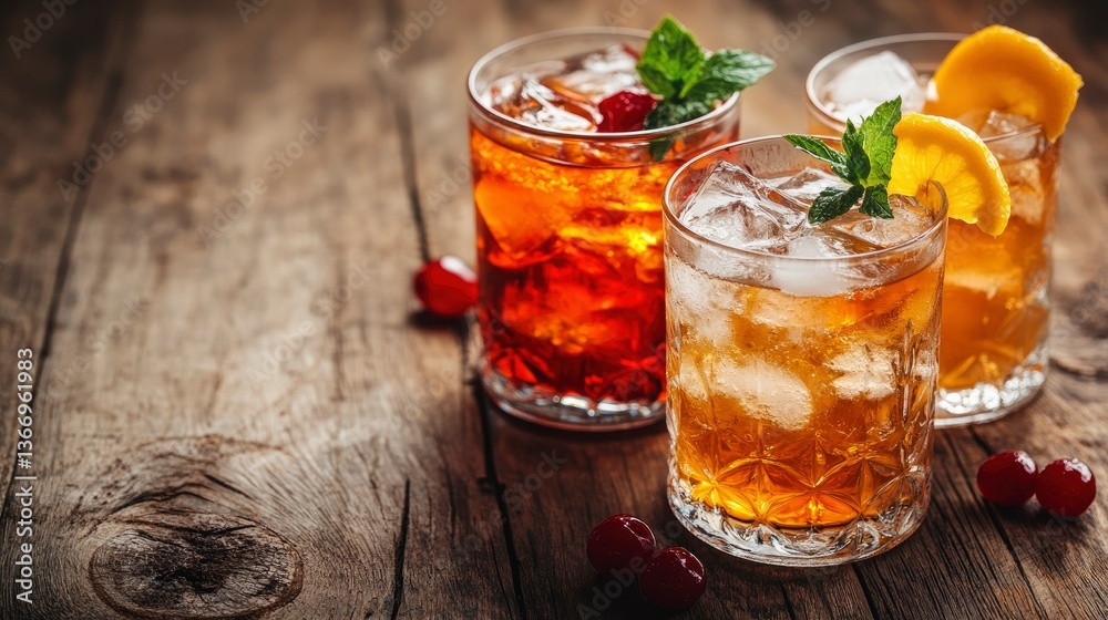 Three Refreshing Iced Teas on Rustic Wooden Table Three Refreshing Iced Teas on Rustic Wooden Table