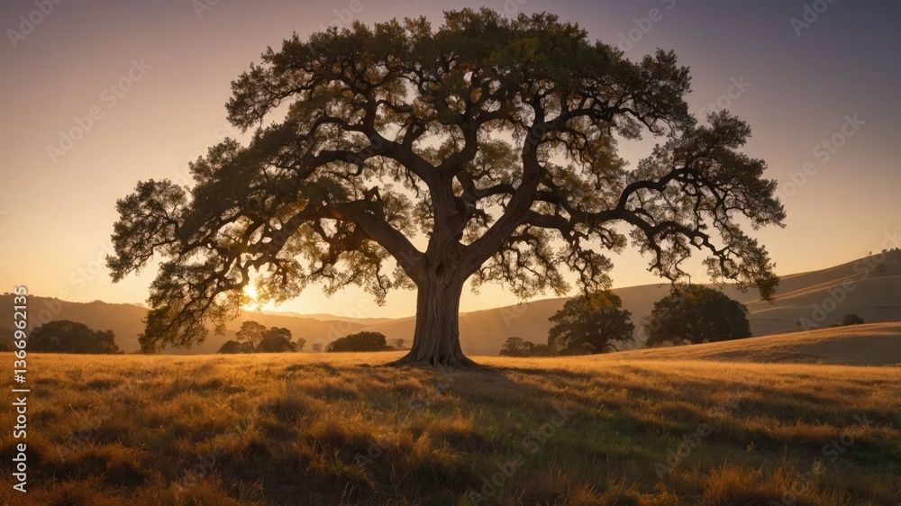 Fototapeta premium Majestic Old Tree Standing in Golden Field at Warm Sunset