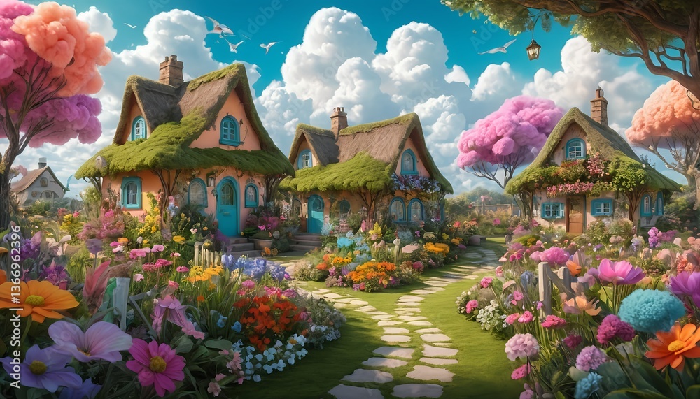 Obraz premium Fairytale Cottages in a Vibrant Flower Garden