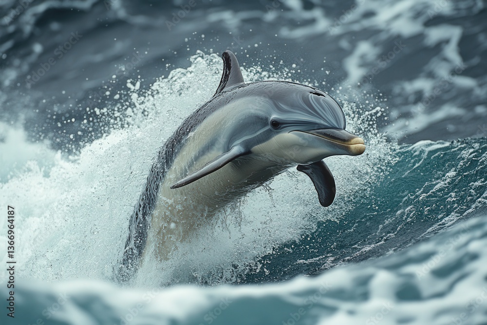 Fototapeta premium Dolphin Leaps Joyfully Above the Crest of a Wave in the Ocean During a Sunny Day, Showcasing Its Playful Nature and Acrobatic Abilities