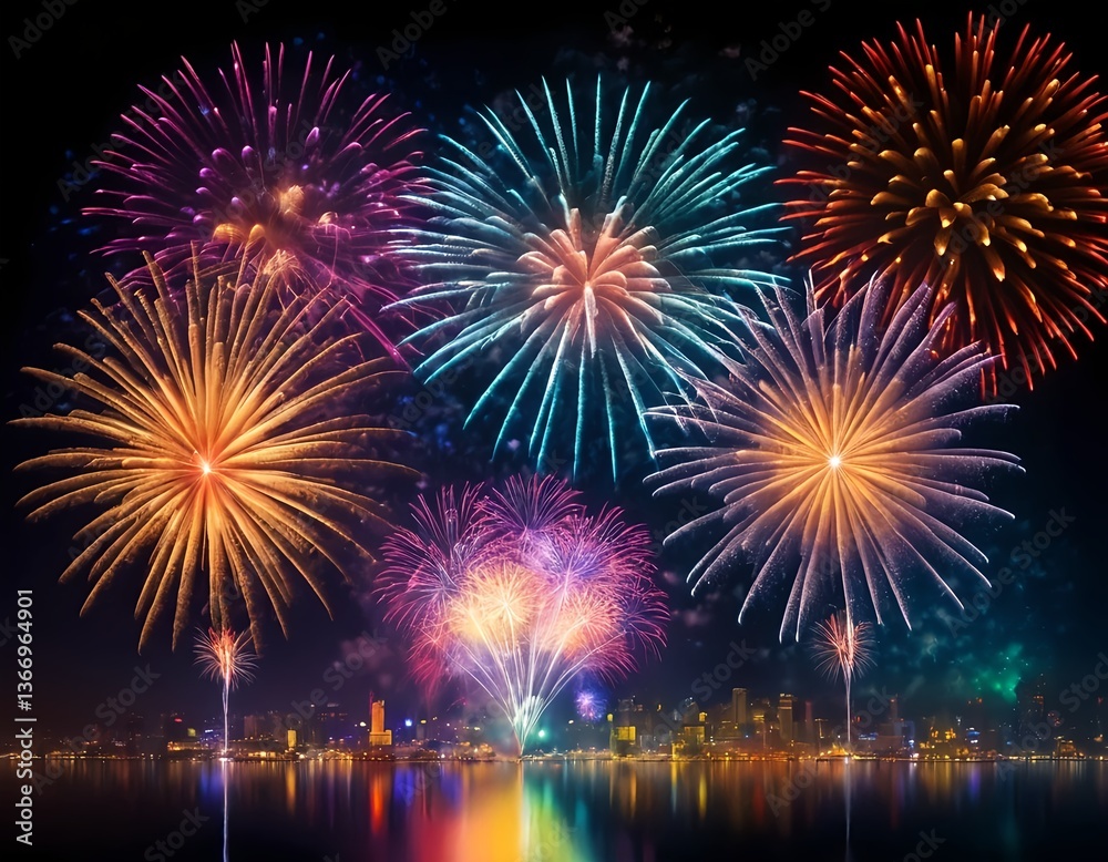 Vibrant Fireworks Display Over City Skyline at Night Vibrant Fireworks Display Over City Skyline at Night