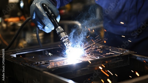 AI powered robot performing precision welding on a car chassis in an automotive factory, high-tech automotive manufacturing facility with robotic arms and assembly lines, Tech style
