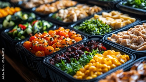Diverse Selection of Prepared Meal Options in Black Containers
