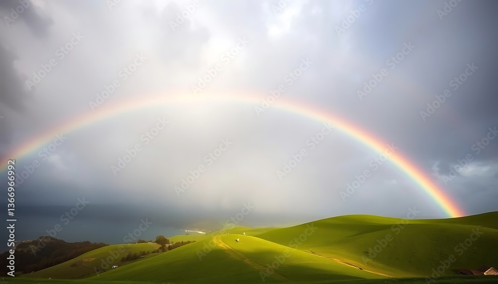 Obraz premium Stunning panoramic view of a vibrant rainbow arching over rolling green hills and a calm sea under a partly cloudy sky