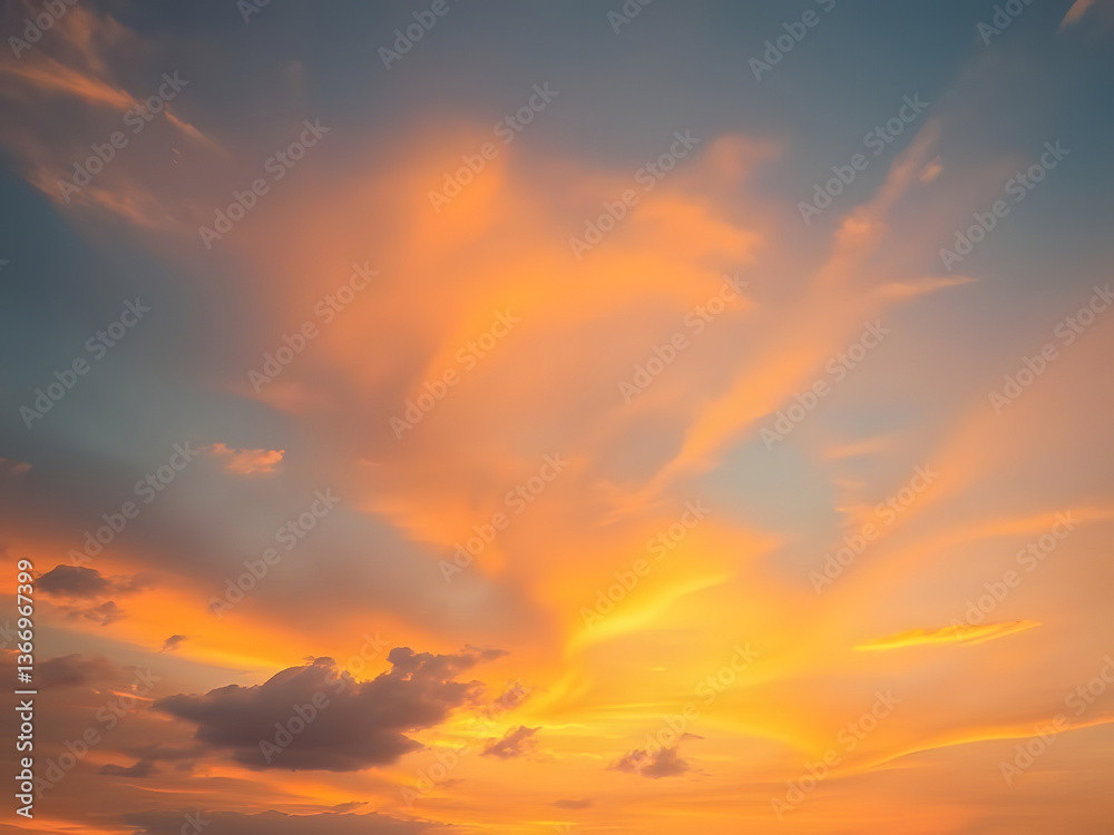 Obraz premium Stunning Sunset Sky with Orange and Blue Clouds, Peaceful Nature Scenery, Dramatic Weather Background