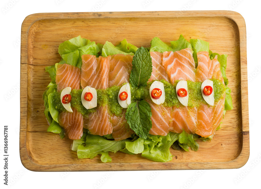 healthy salmon salad with lemon dressing on a transparent background