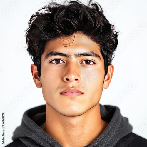 Mexican young man captured in high-definition with white background

