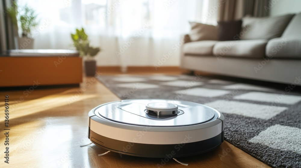 AI powered robot vacuum cleaning the floor in a stylish, modern living room, sleek AI powered robot vacuum cleaning the floor in a stylish, modern living room, sleek