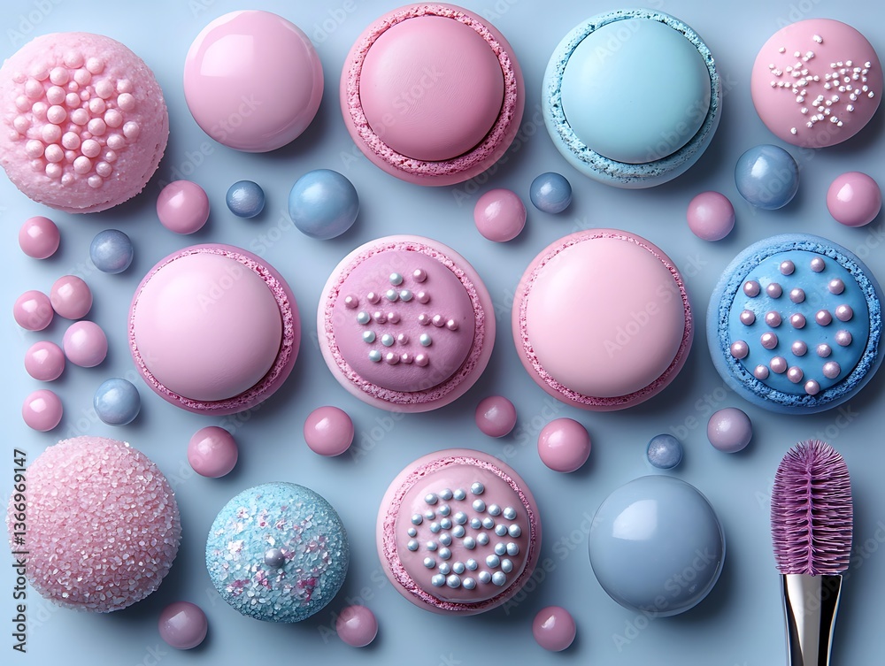 Fototapeta premium Pastel macarons and candies arranged artfully.