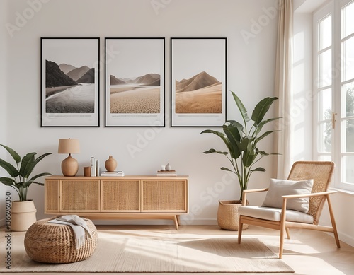 Modern Minimalist Living Room Interior with Natural Tones and Triptych Landscape Prints