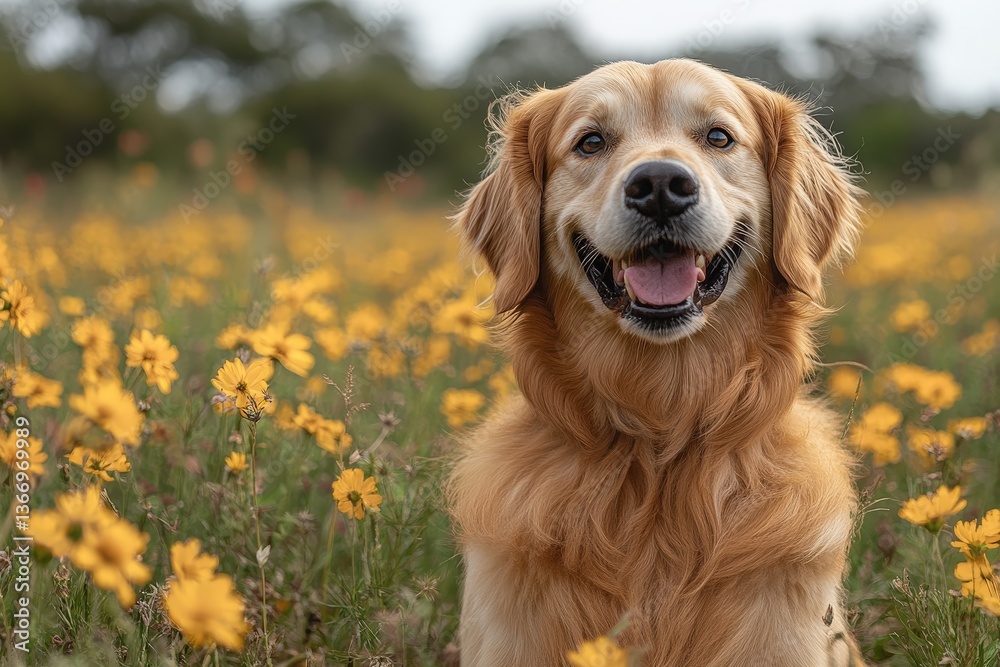 Fluffy Golden Retriever Enjoys a Sunny Day in a Vibrant Field Filled With Colorful Wildflowers Under a Clear Blue Sky Fluffy Golden Retriever Enjoys a Sunny Day in a Vibrant Field Filled With Colorful Wildflowers Under a Clear Blue Sky
