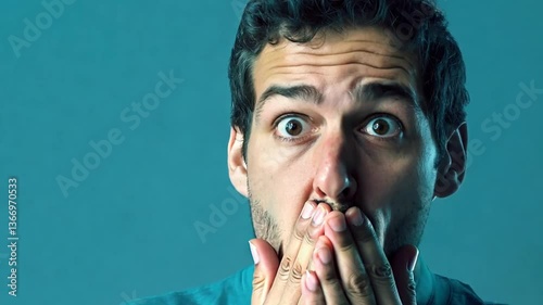 Surprised Man in Blue Background with Hands on Face Expression