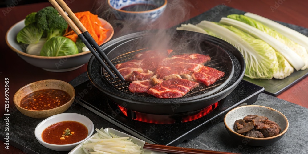 Fototapeta premium Savory and sweet Concept. Sizzling Grilled Meat with Fresh Vegetables and Sauces on a Traditional Korean Table Setup