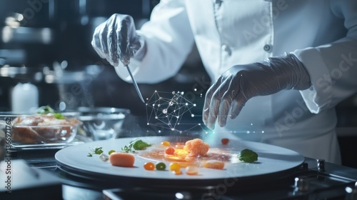 Fototapeta Naklejka Na Ścianę i Meble -  AI powered robotic chef preparing gourmet molecular cuisine with precision tools, high-tech kitchen with digital recipe interfaces, futuristic culinary innovation