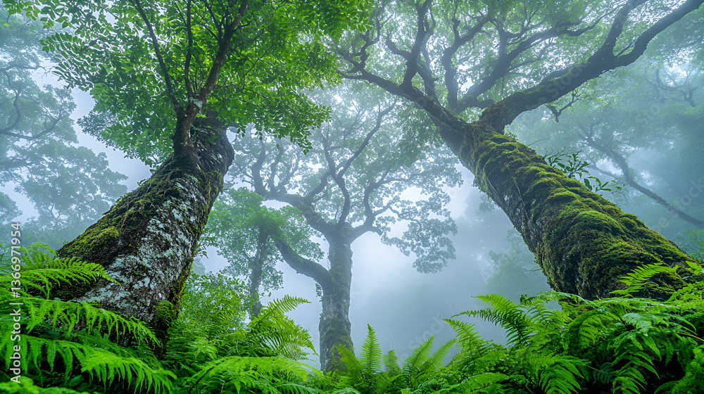Fototapeta premium Green foliage of old trees fills the sunny forest, a natural landscape in the woodsGreen foliage of old trees fills the sunny forest, a natural landscape in the woods