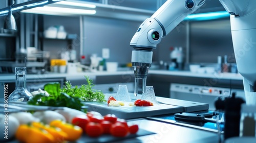 AI powered robotic chef preparing molecular gastronomy in a futuristic kitchen, sleek high-tech culinary lab with glowing smart cooking tools, next-gen food technology