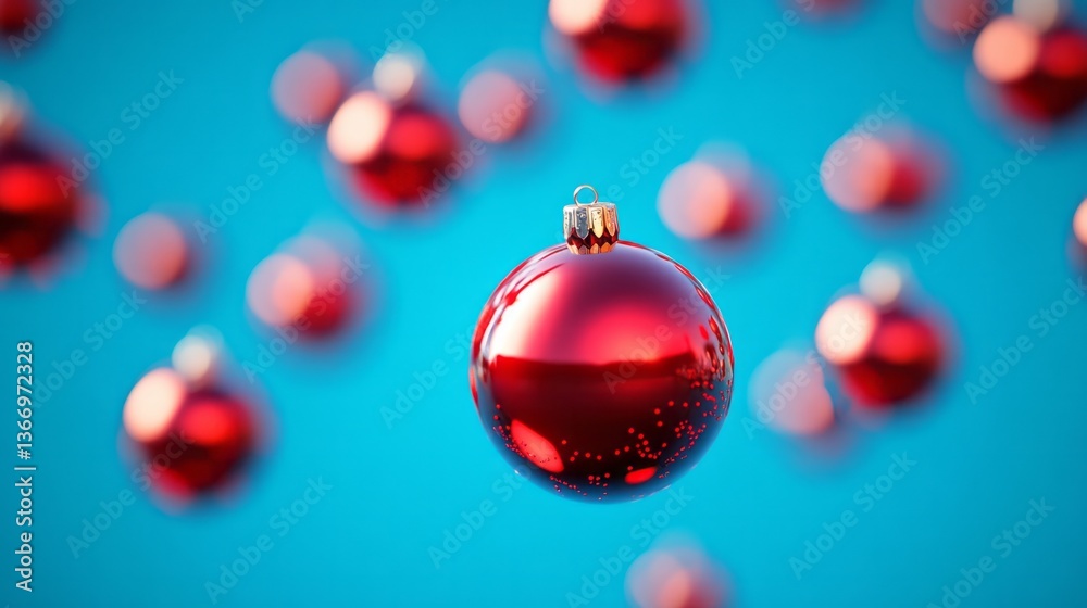 Fototapeta premium Shiny red christmas ornaments float against a bright blue background