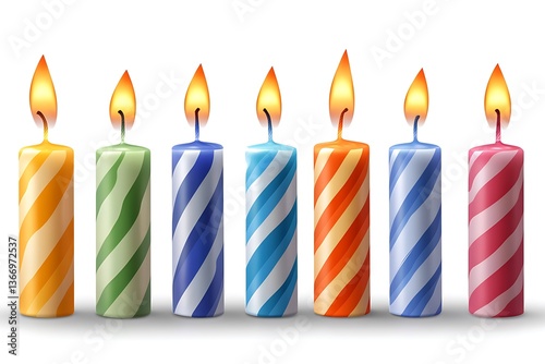 Seven colorful striped birthday candles with flames.
