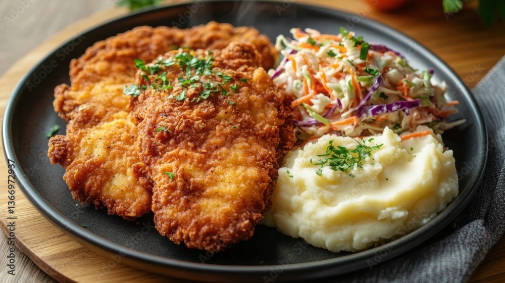 Crispy Fried Chicken Cutlets with Mashed Potatoes and Coleslaw Plating Crispy Fried Chicken Cutlets with Mashed Potatoes and Coleslaw Plating