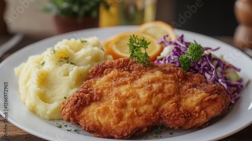 Crispy Chicken Cutlet Dinner with Mashed Potatoes and Fresh Salad