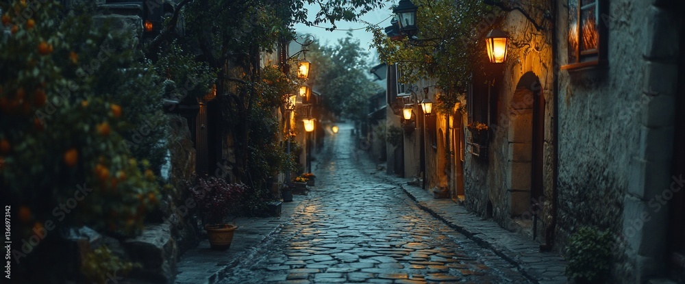 Enchanting cobblestone alleyway at twilight with warm lantern glow evokes serenity Enchanting cobblestone alleyway at twilight with warm lantern glow evokes serenity