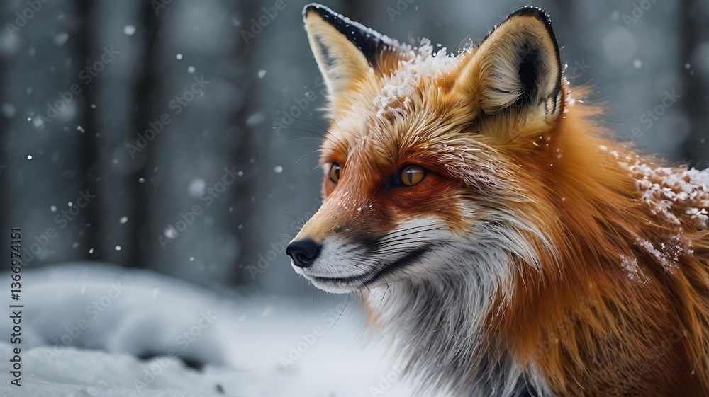 Fototapeta premium Photorealistic 3D image of a red fox in a snowy forest, fur detailed with frost on whiskers