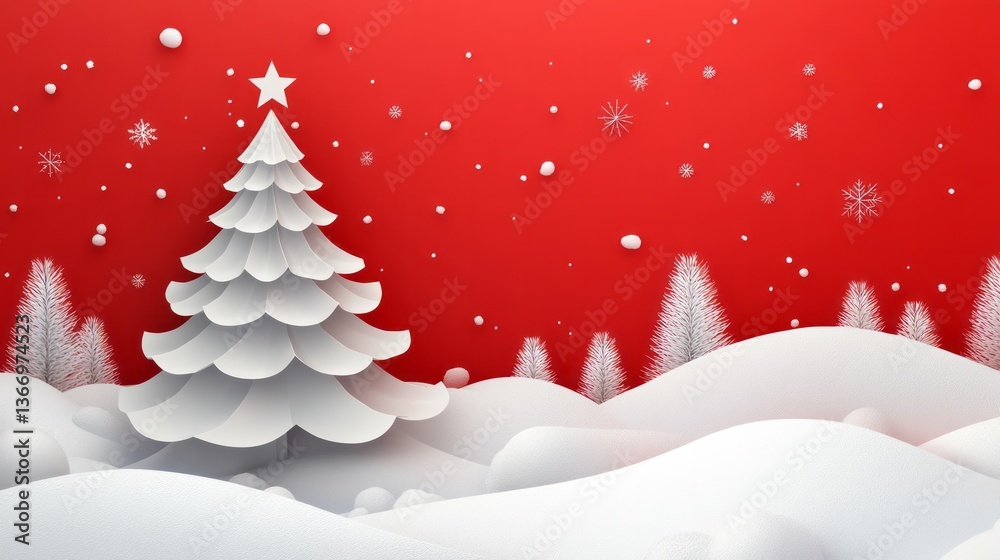 Elegant white christmas tree scene against a vivid red background Elegant white christmas tree scene against a vivid red background