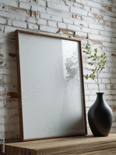 Close up of empty frame mockup leaning against weathered white brick wall, poster frame mockup design, mockup frame