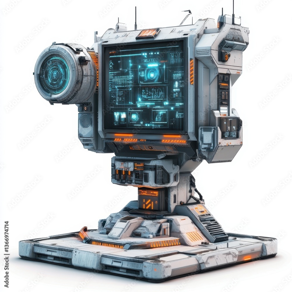 Fototapeta premium A futuristic looking machine with a large screen and orange and blue lights
