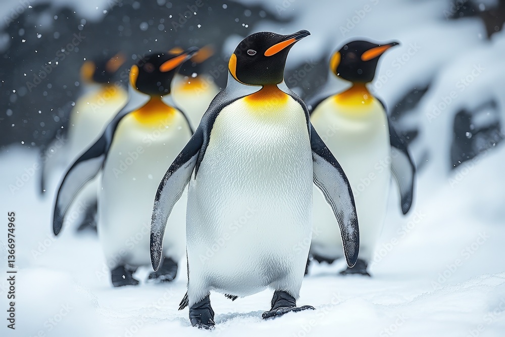Fototapeta premium Group of Penguins Waddling Through Pristine Snow in Their Natural Habitat During a Sunny Winter Day