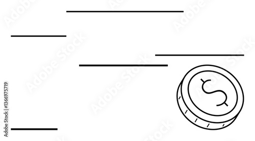 Coin with dollar sign zooming forward, lines suggesting speed. Ideal for finance, economy, investment, wealth, transactions, fast service digital payments. Line metaphor