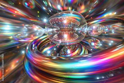 Quantum carousel splitting across dimensions, metallic rainbow hues swirl with temporal distortion floating light orbs surreal perspective.