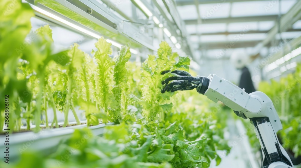 Autonomous AI controlled robotic gardener tending vertical hydroponic crops, futuristic smart farming facility with automated irrigation systems, high-tech agricultural innovation Autonomous AI controlled robotic gardener tending vertical hydroponic crops, futuristic smart farming facility with automated irrigation systems, high-tech agricultural innovation