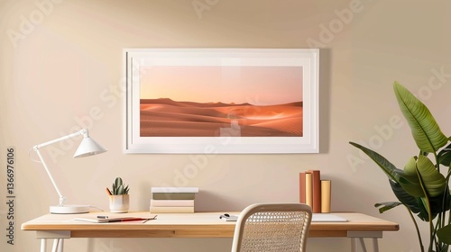 A white rectangular frame in a cozy study, displayed above a wooden desk with a chair, lamp, and a few books HD 8K mockup wallpaper Photographic Image