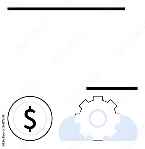 Dollar sign in a circle next to a gear over a cloud base, symbolizing finance, technology-driven operations. Ideal for business growth, planning, fintech, operations, strategy, innovation success