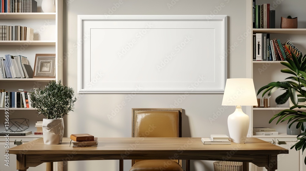 A white rectangular frame in a cozy study, mounted above a wooden desk with a chair, lamp, and bookshelves in the background. HD 8K mockup wallpaper Photographic Image
