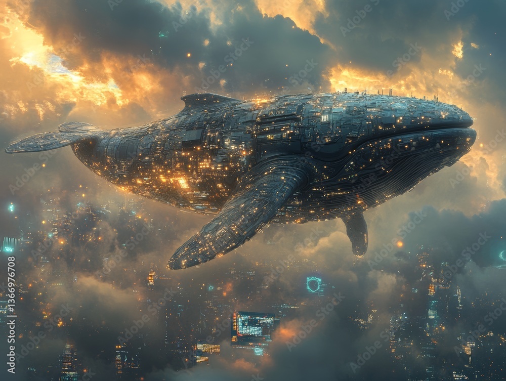 Naklejka premium Celestial Navigator: A Cybernetic Whale Soars Over the Neon Cityscape at Sunset, Blending Nature with Futuristic Technology in a Dreamlike Vision.