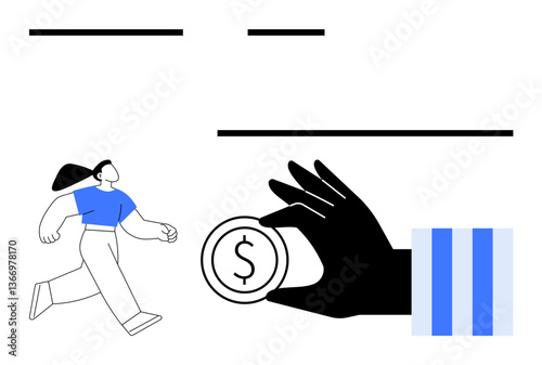 Woman walking energetically while a hand holds a coin, symbolizing wealth, finance, saving, earning, and decision-making. Ideal for economy, investment, budgeting personal growth business planning