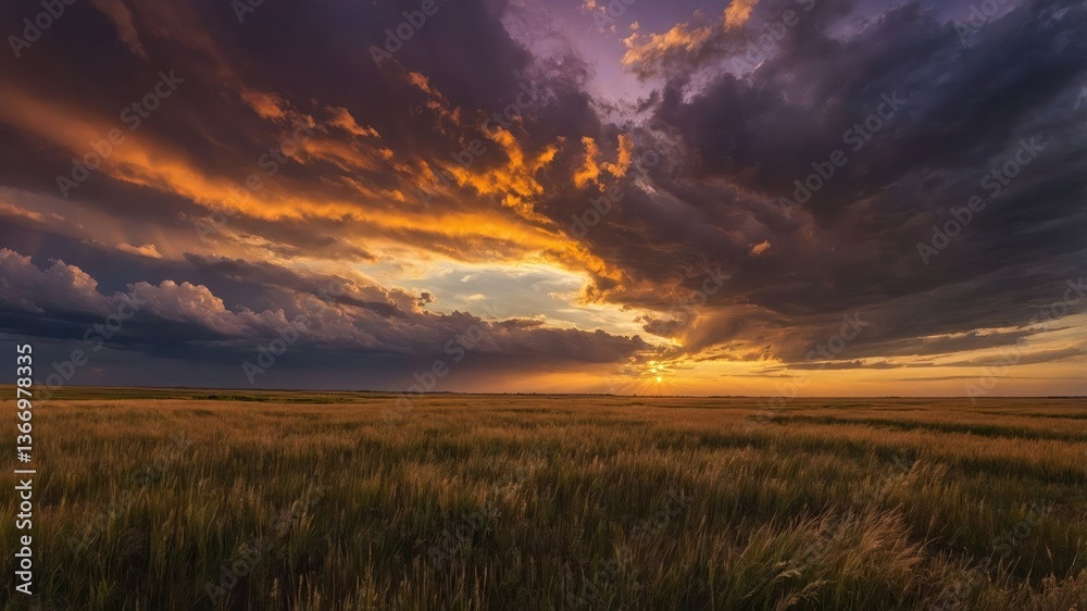 Vibrant Sunset Over Golden Wheat Field with Dramatic Cloudy Sky Vibrant Sunset Over Golden Wheat Field with Dramatic Cloudy Sky