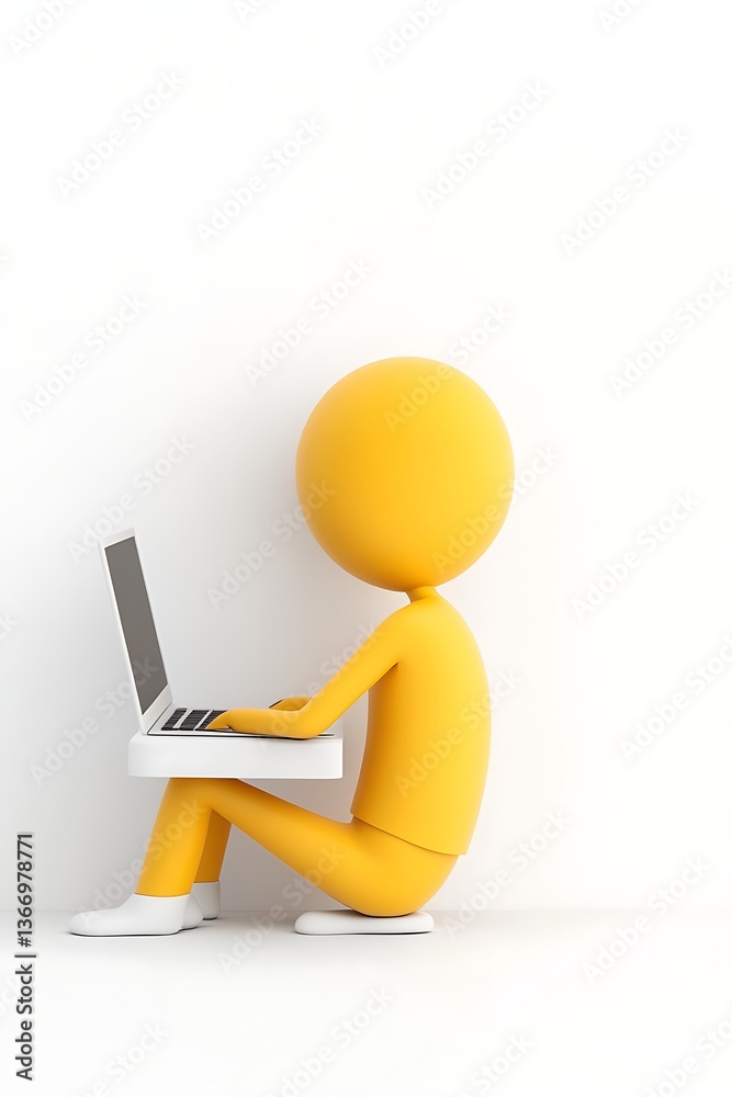 3D person with laptop sitting on floor