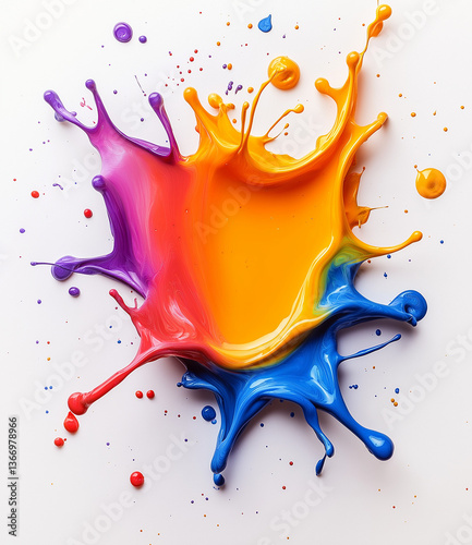 Colorful 3D paint splashes with droplets on a white background, ultra-realistic rendering