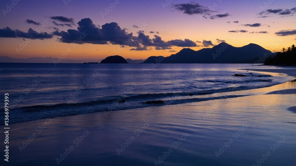 Naklejka premium Calm Beach at Sunset Reflecting Sky with Distant Mountain View
