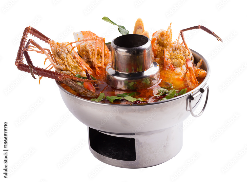 Shrimp in spicy soup, Tom yum goong spicy Thai seafood soup. isolated on transparent background