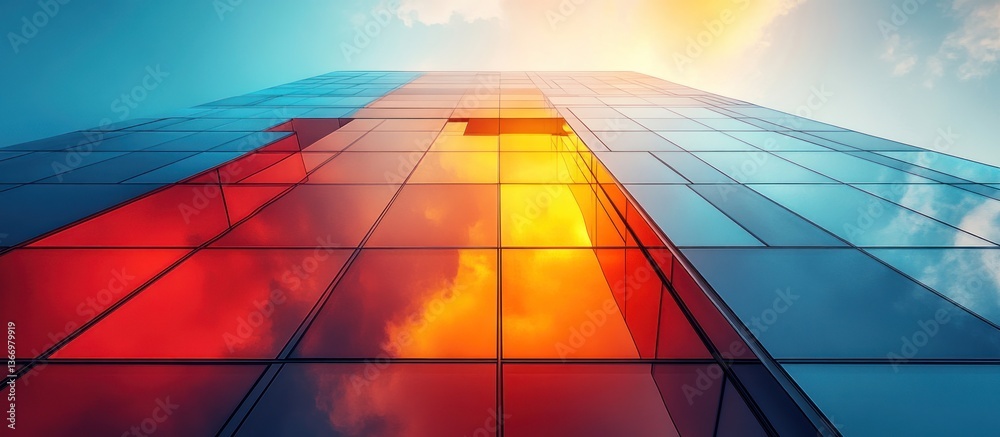 Obraz premium Modern skyscraper facade reflecting vibrant sunset