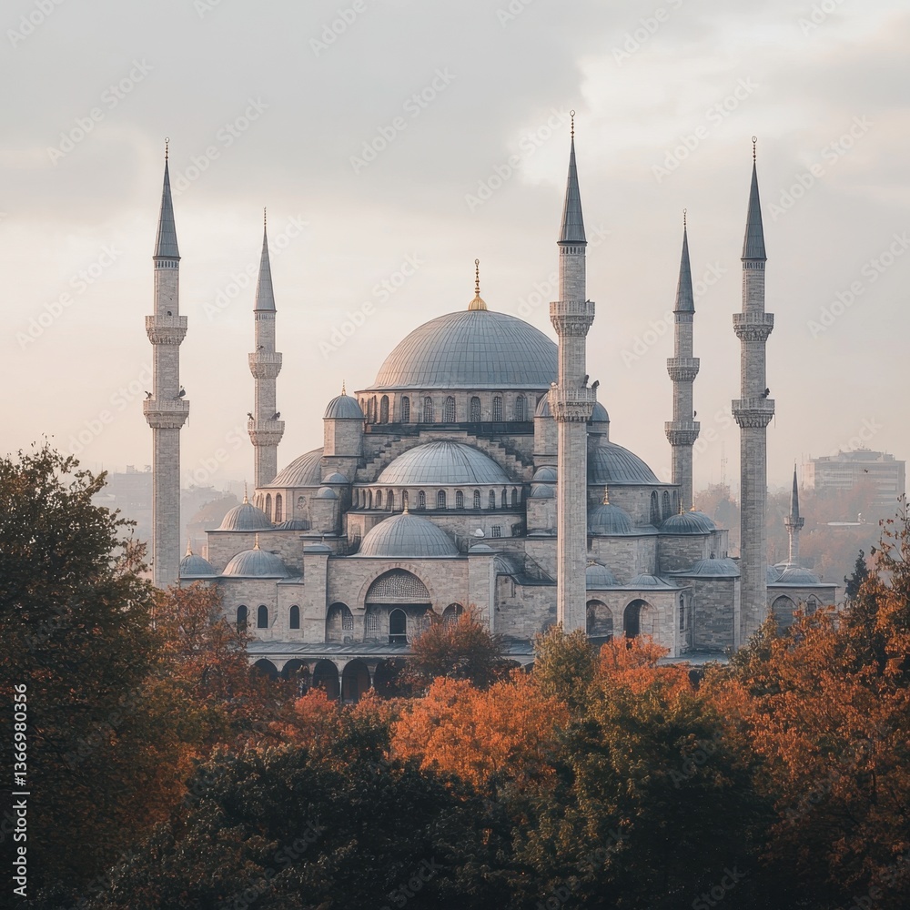 Obraz premium A large, white building with a dome and four towers