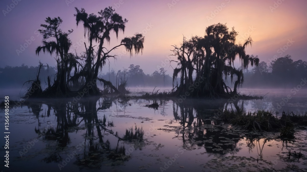 Naklejka premium Trees in Misty Swamp Reflecting Sunrise at Dawn Creates Eerie Scene