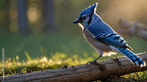Blue Jay Perched on Branch in Forest Sunlight Wildlife Scene