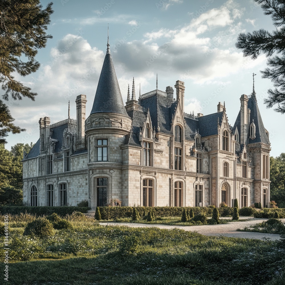 Fototapeta premium A large, old castle with a steeple and a large garden